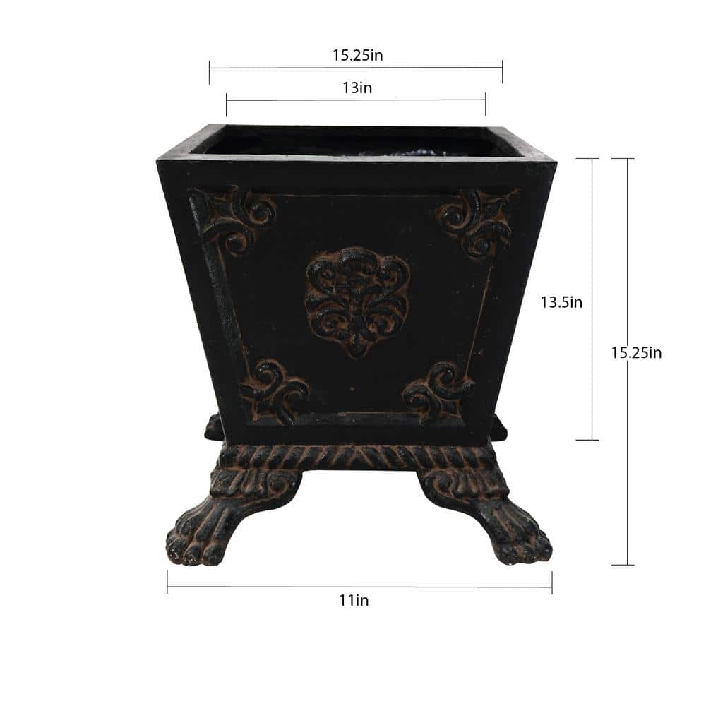 15 in. Sq Cast Stone Footed Planter in Aged Charcoal finish - Hercitys