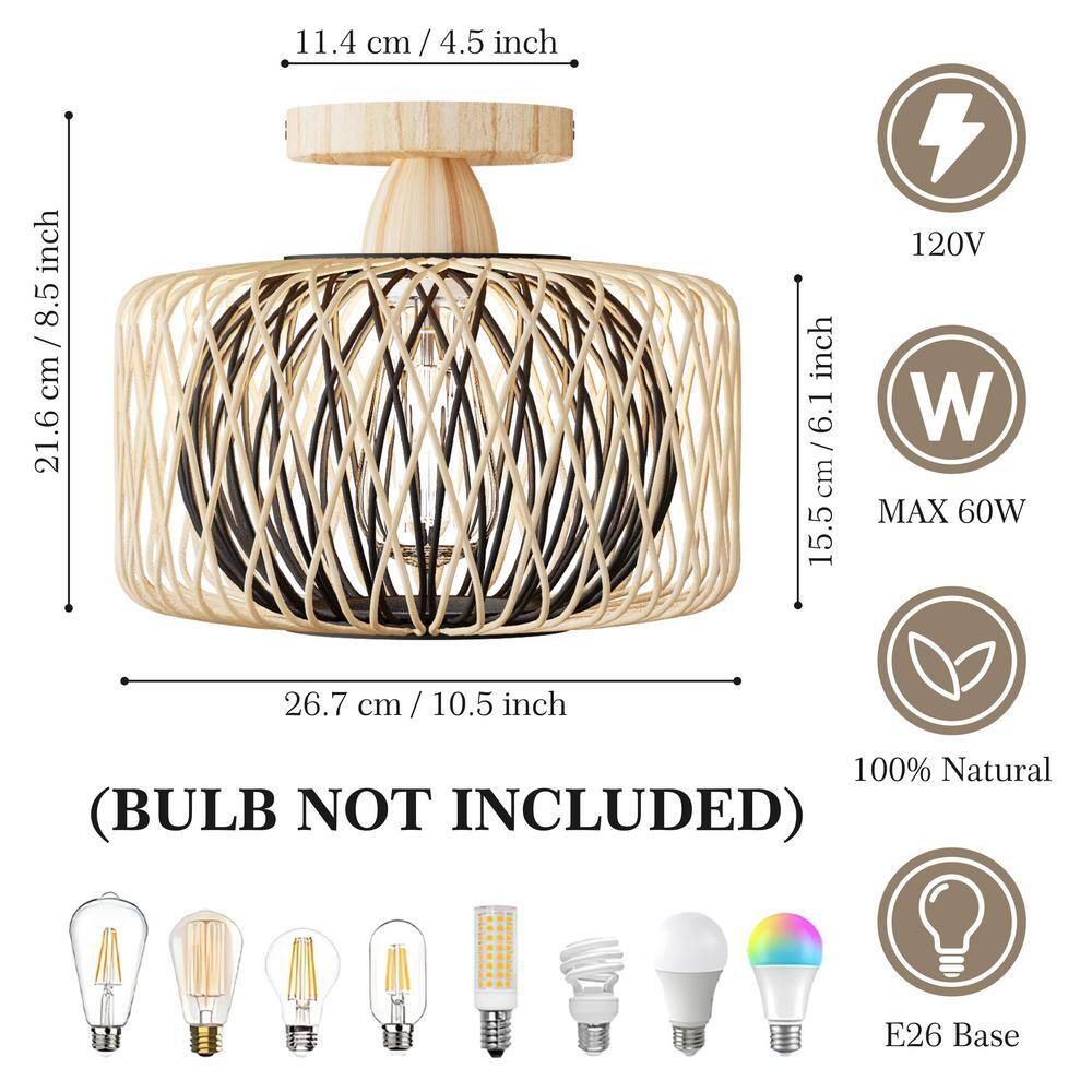 10.4 in. 1-Light Boho Bash Flush Mount with Handcrafted Bamboo Shade, Bulb Not Included, 1 Piece - Hercitys