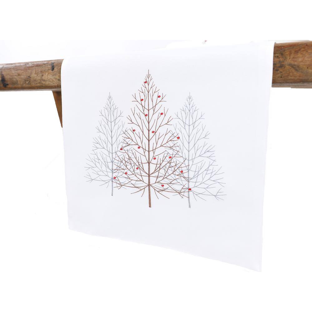 15 in. x 70 in. Festive Trees Embroidered Christmas Table Runner, White - Hercitys