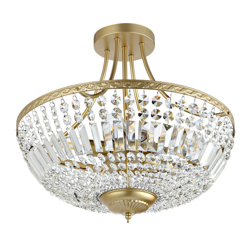 5-Light 19.5 in. Crystal Ceiling Light Fixture, Brass Semi Flush Mount Chandelier - Hercitys