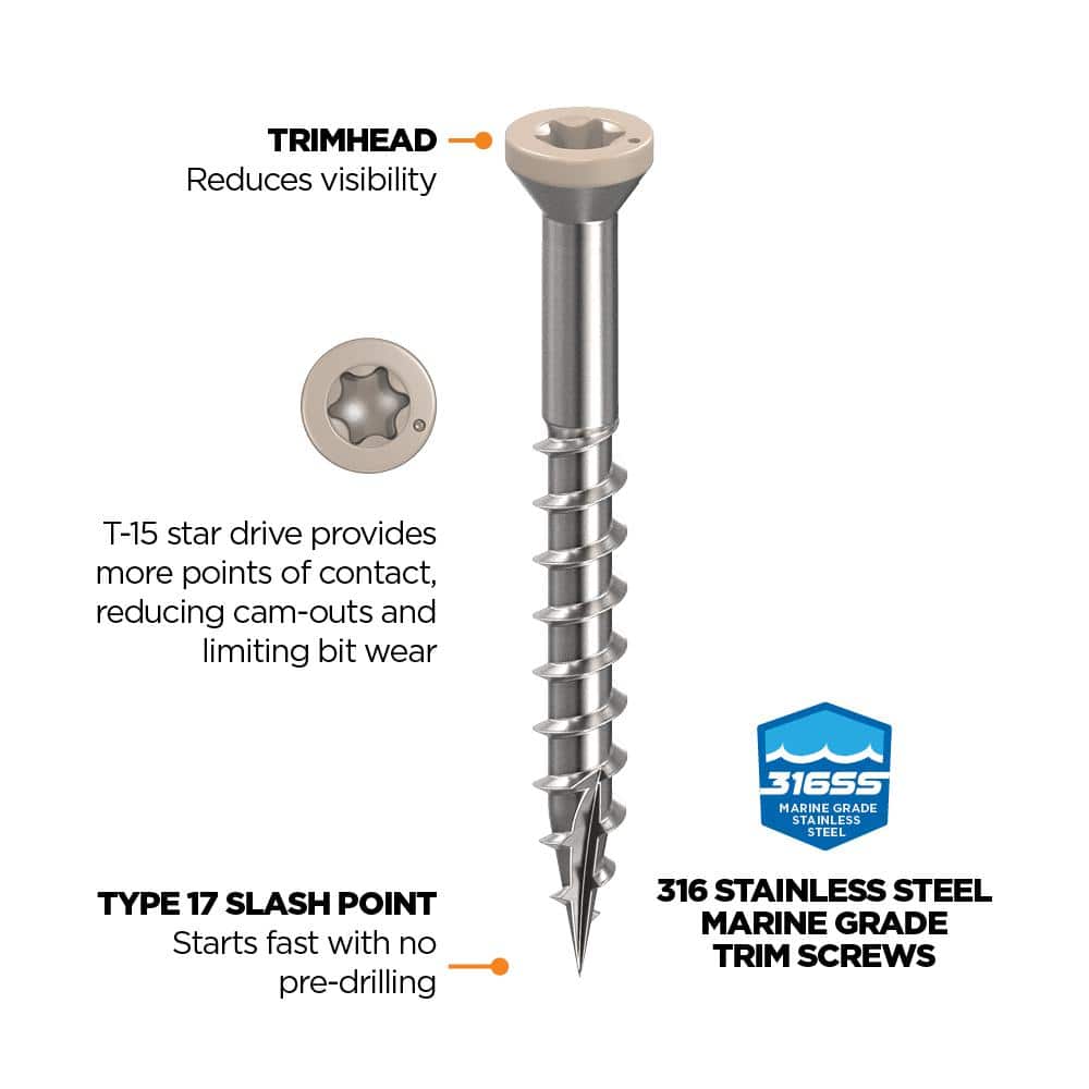 1-5/8 in. #8 316 Stainless Steel Sand Premium Star Drive Trim Screws (350-Count) - Hercitys