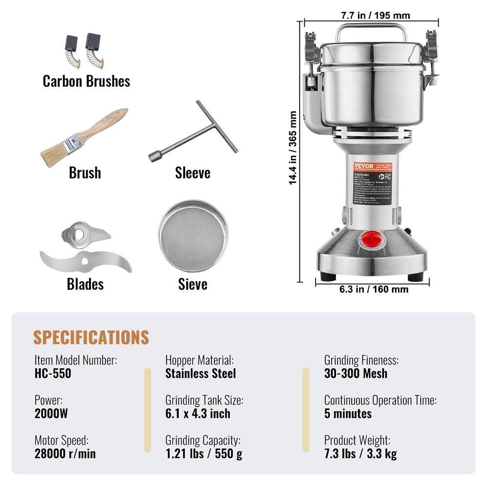 550g Electric Grain Mill Grinder, High Speed 2000-Watt Commercial Grinders, Stainless Steel Pulverize Powder Machine - Hercitys