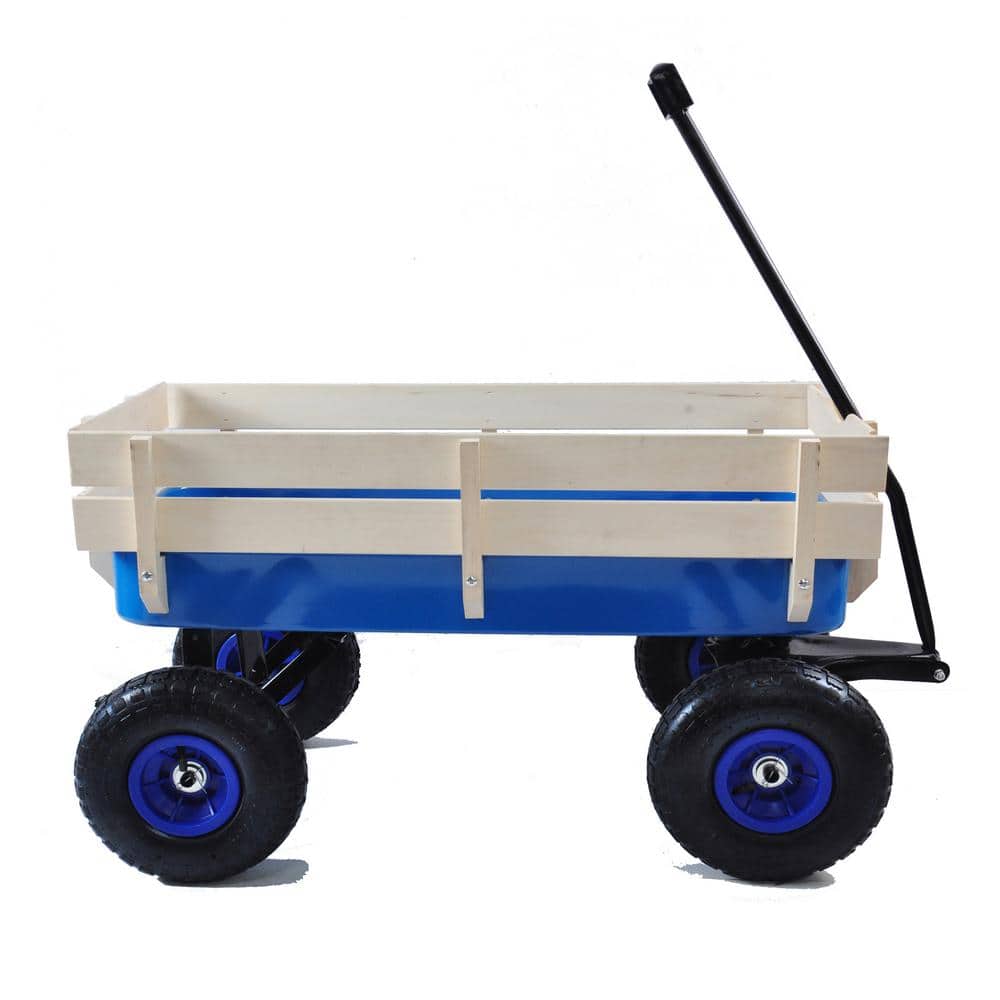 4.3 cu. ft. Wood Steel Blue Outdoor Wagon All Terrain Pulling Wood Railing Air Tires Kid Garden Cart - Hercitys