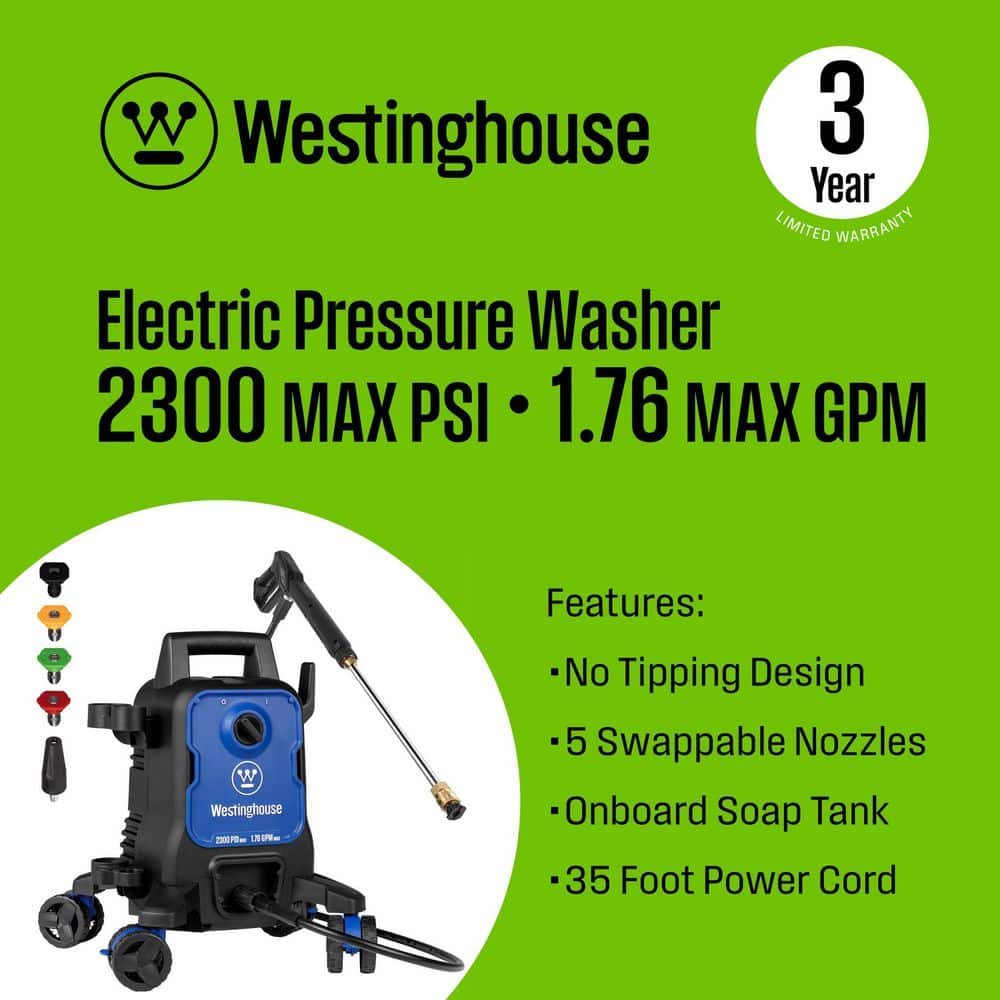 2300 PSI 1.76 GPM Cold Water Electric Powered Pressure Washer with Anti-Tipping Technology and 5 Quick Connect Tips - Hercitys