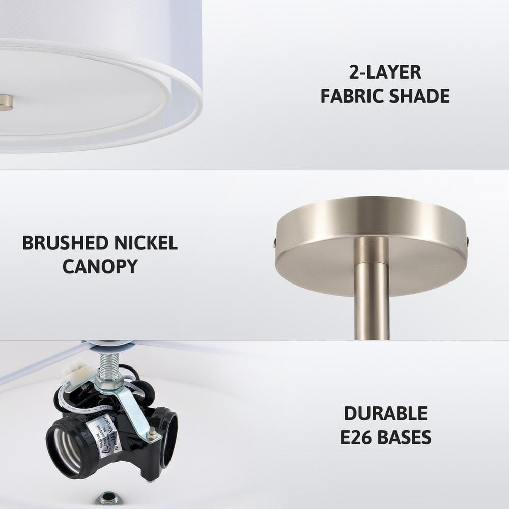 13 in. 3-Light White Semi-Flush Mount Ceiling Light Fixture Drum Light Fixture with 2-Layer Fabric Shade - Hercitys