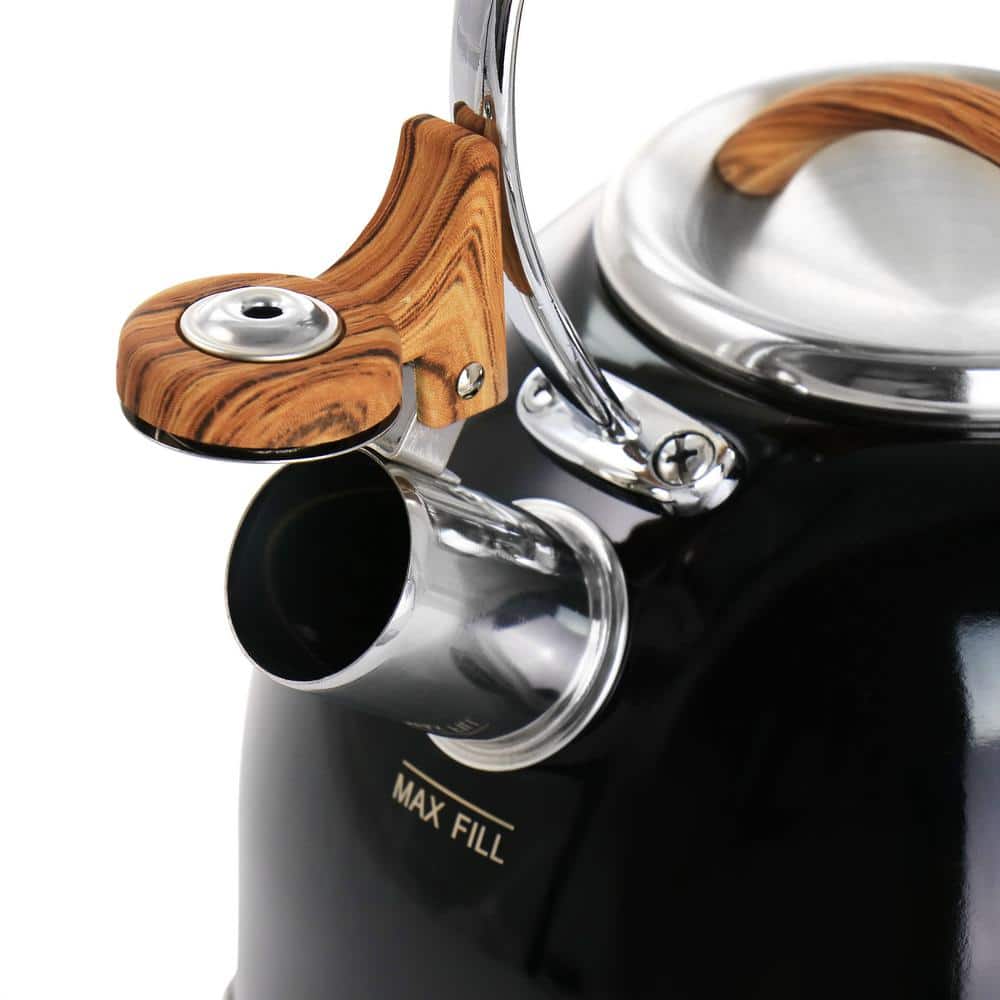 2-Quart 8-Cup Black Stainless Steel Whistling Tea Kettle with Wood Pattern Handle - Hercitys