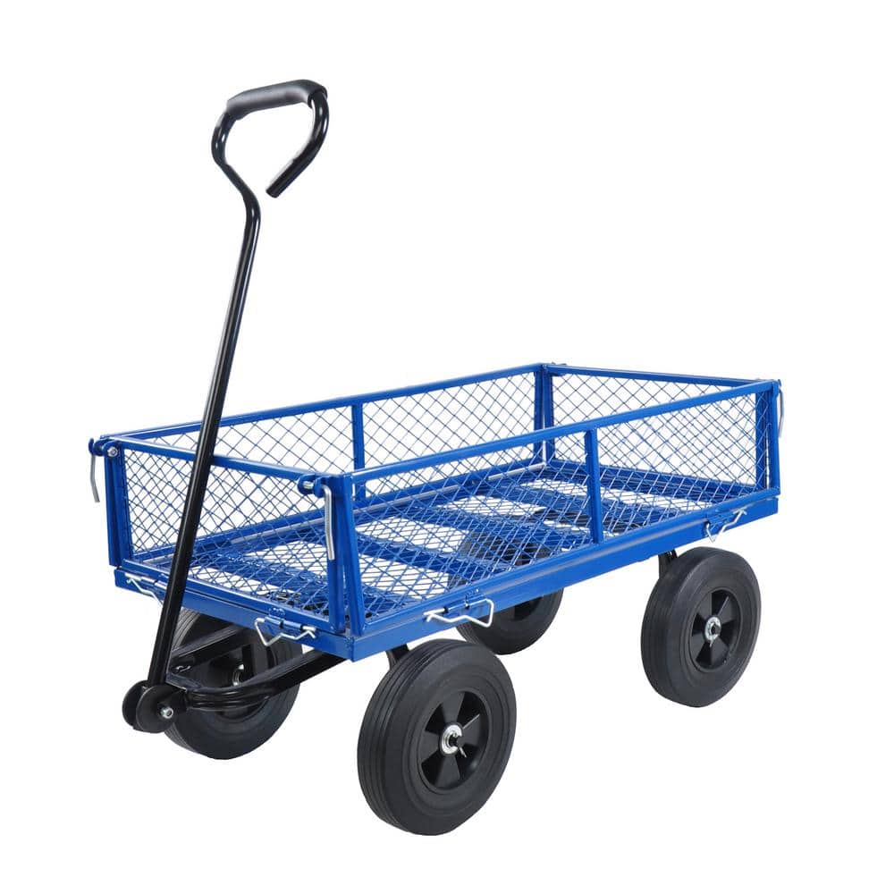 3.5 cu. ft. Steel Garden Cart, Utility Tools Cart Wagon Cart with 10 in. Solid Tires and Removable Sides, Blue - Hercitys