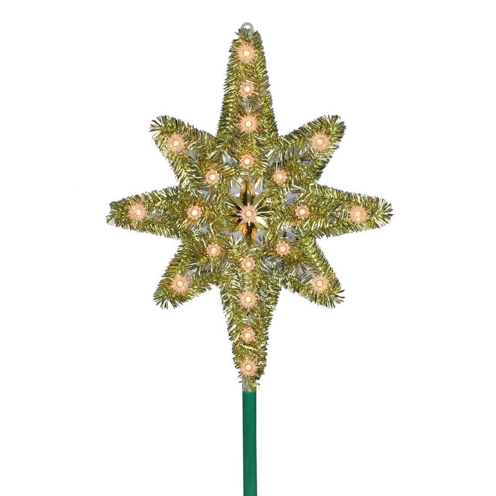 21 in. Gold Tinsel Star of Bethlehem Christmas Tree Topper in Clear Lights - Hercitys