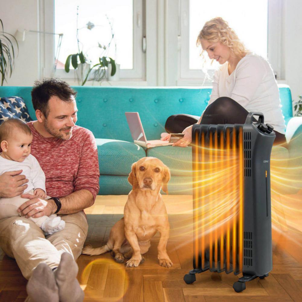 1500-Watt Black Electric Oil Filled Space Heater Radiant Space Heater with 3-Level Heat, Cord Hook, 4 Wheels and Handle - Hercitys