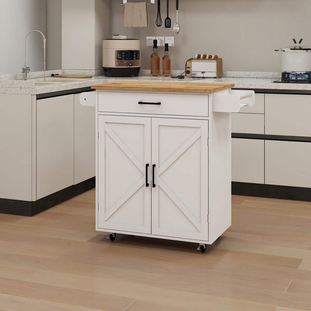37.99 In. White Wood Kitchen Cart with Adjustable Shelves and Towel Rack Rubber Wood Table Top - Hercitys