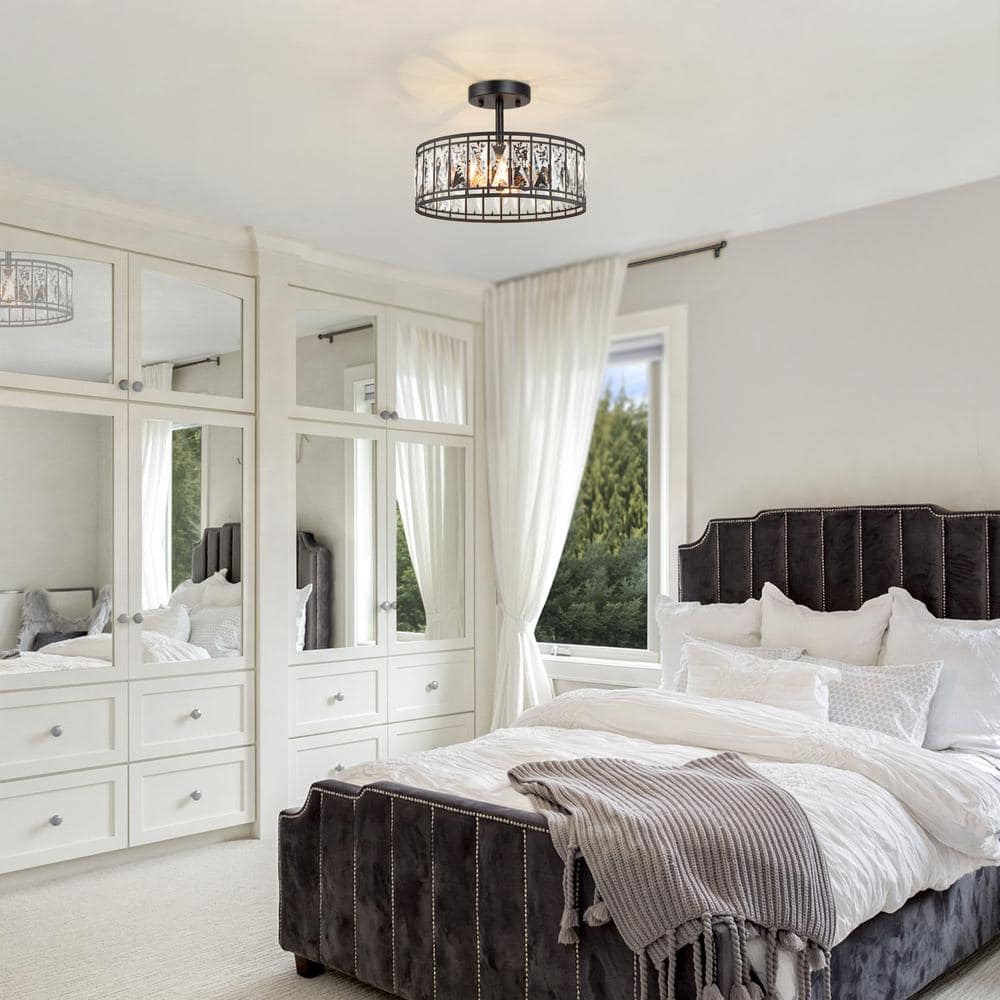 12.5 in. 2-Light Industrial Modern Black Drum Semi Flush Mount Light with Crystal Glass Shade - Hercitys