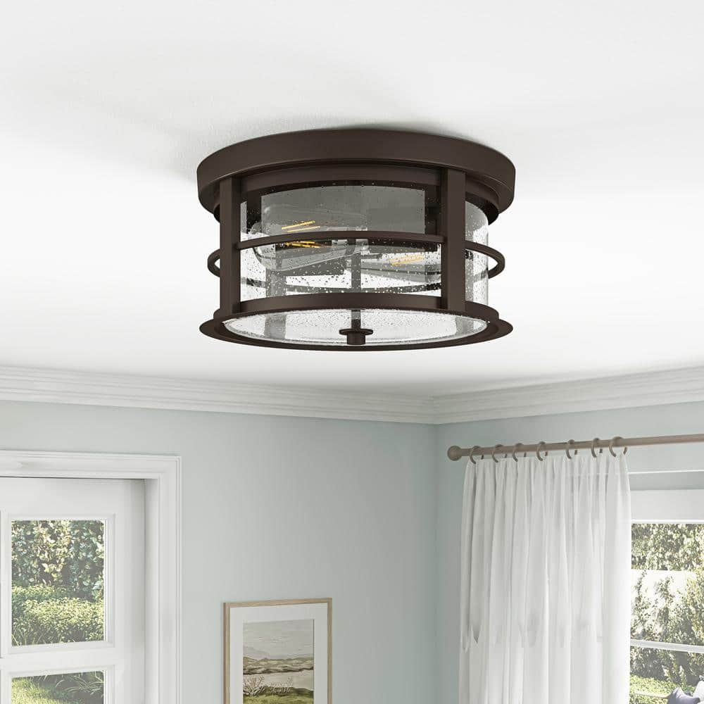 11.8 in. 2-Light Oil Rubbed Bronze Flush Mount Ceiling Light with Seeded Glass Shade Close to Ceiling Lighting Fixture - Hercitys