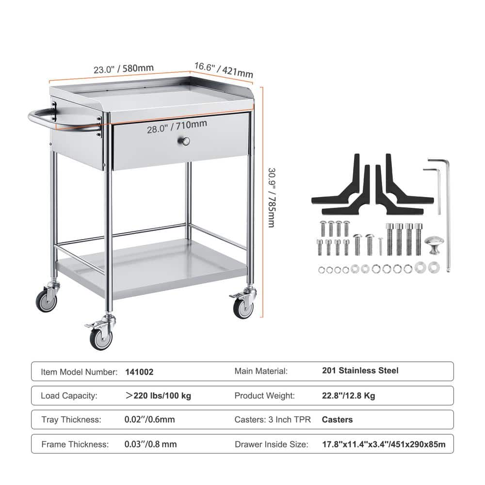 2-Layer Medical Cart Stainless Steel Utility Cart with 220 lbs. CapacityKitchen Cartwith 360° Silent Wheels and Drawer - Hercitys