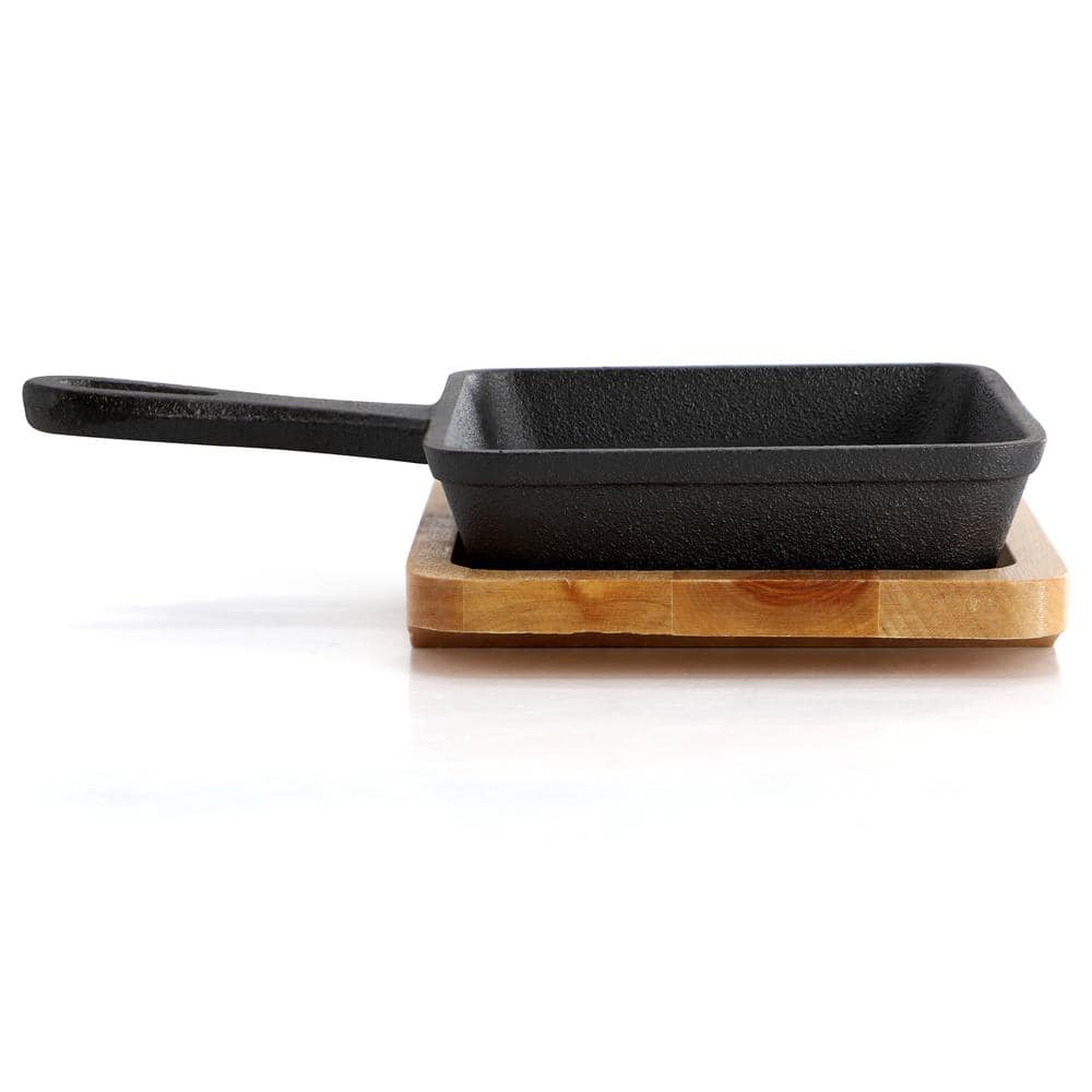 5 in. x 7 in. Mini Cast Iron Square Pan with Wood Tray - Hercitys