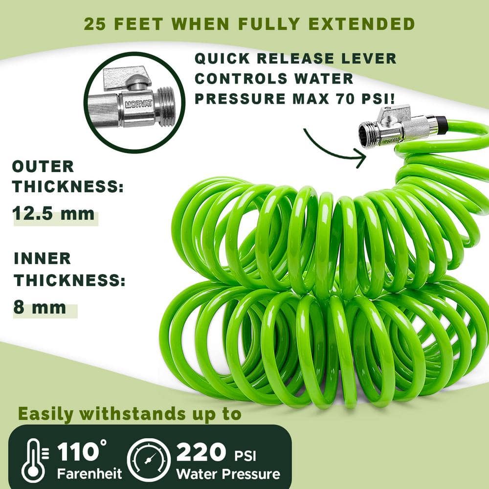 1/2 in. x 25 ft. Coil Garden Hose with ON/OFF Valve, Includes 10 Way Sprayer, Teflon Tape and Washers - Hercitys