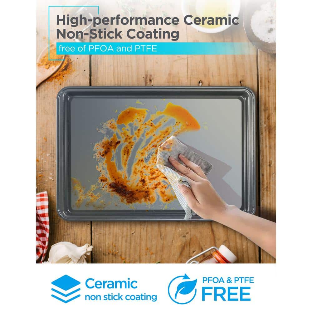 3-Piece Carbon Steel Baking Sheet Set, 0. 4mm Carbon Steel Baking Pans Set with Ceramic Non-Stick Coating, Black Finish - Hercitys