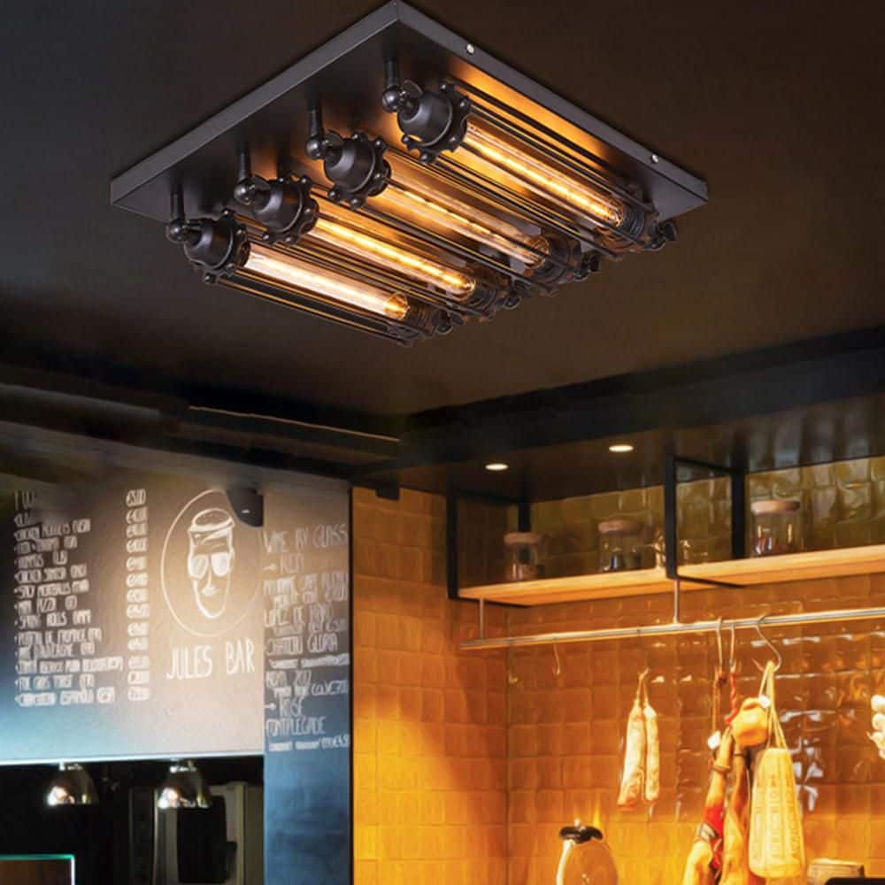 18.11 in. 4-Light Black Industrial Style Square Semi-Flush Mount Ceiling Light with Glass Shade and No Bulbs Included - Hercitys