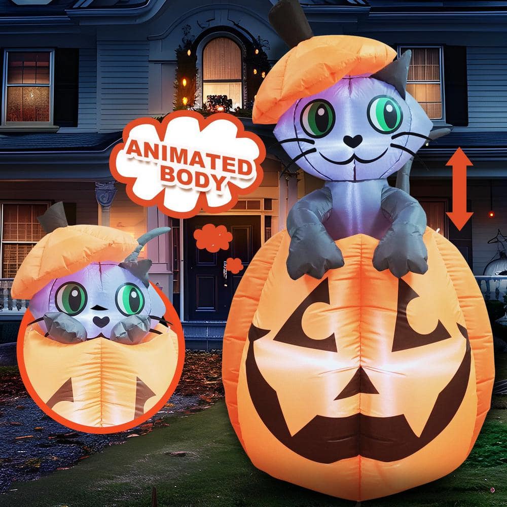 5 ft. Multi-Color Halloween Inflatable Kitty Cat On Pumpkin Made of Polyester - Hercitys