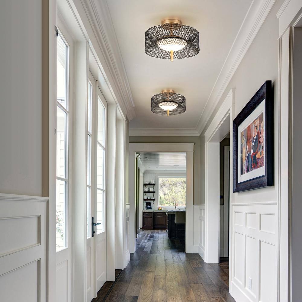 12.6 in. 23-Watt Black/Gold Integrated LED Semi-Flush Mount Ceiling Light with Drum Shade - Hercitys