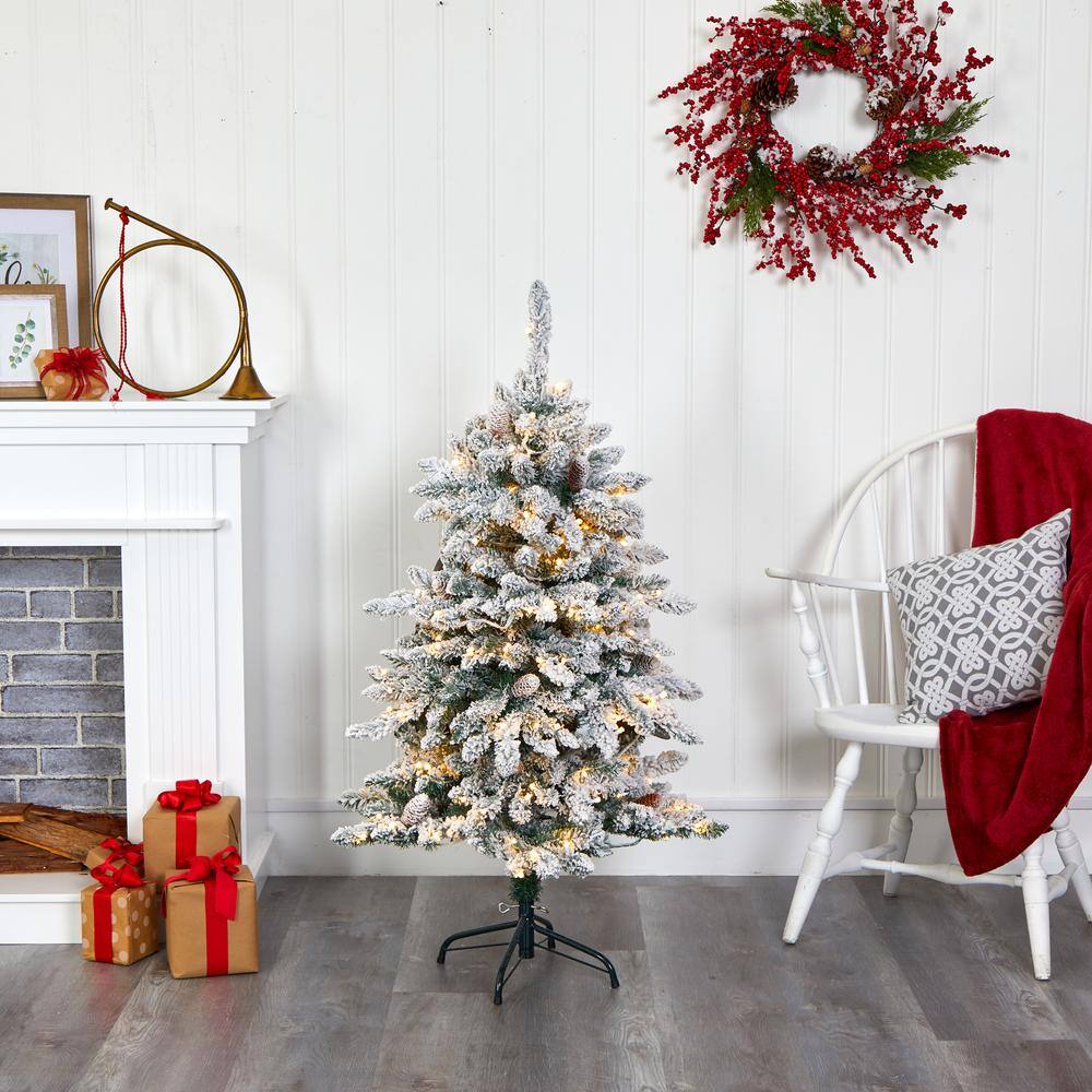 4 ft. Pre-Lit Flocked Livingston Fir Artificial Christmas Tree with Pine Cones and 150 Clear Warm LED Lights - Hercitys