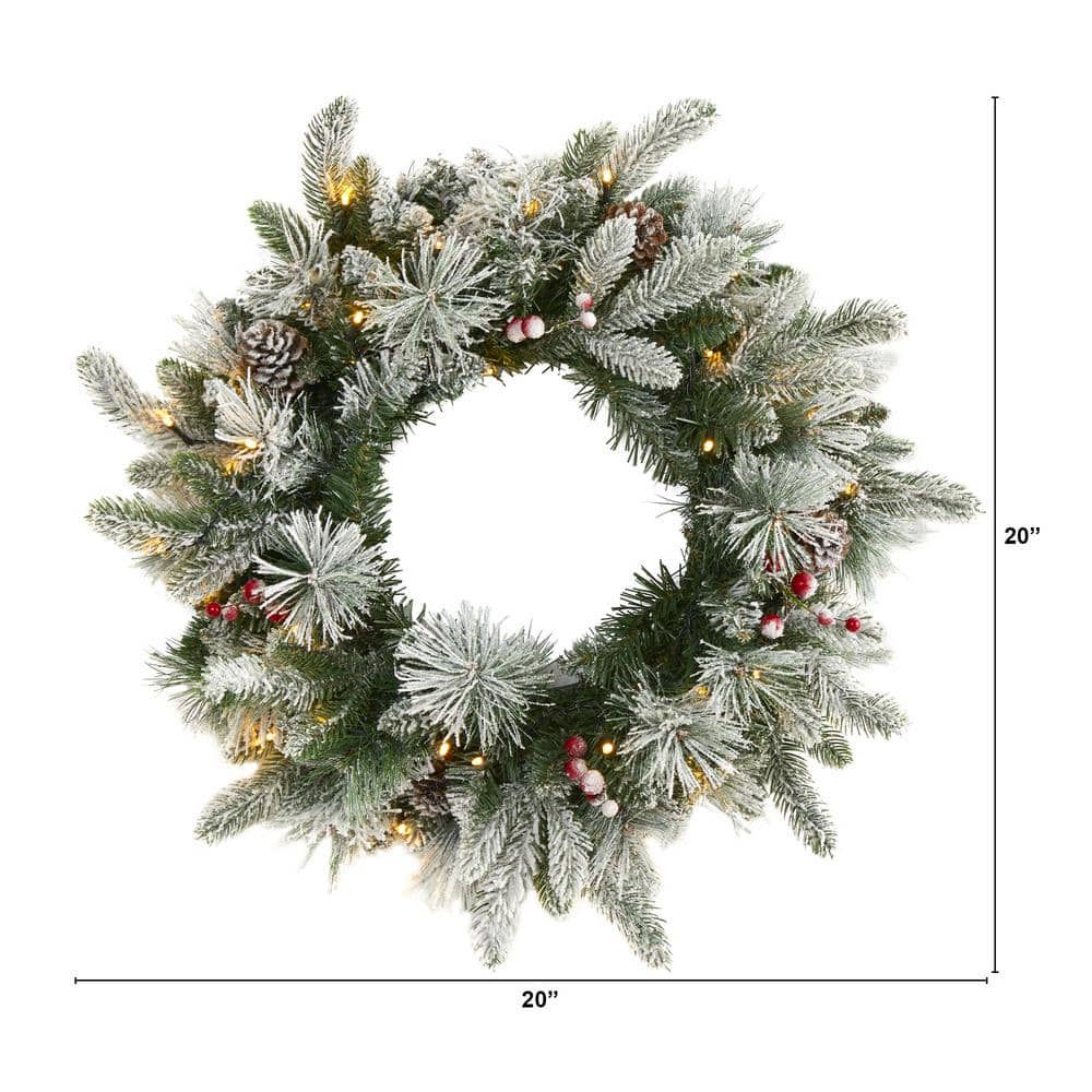 20 in. Pre-Lit Flocked Mixed Pine Artificial Christmas Wreath with 50 LED Lights, Pine Cones and Berries - Hercitys