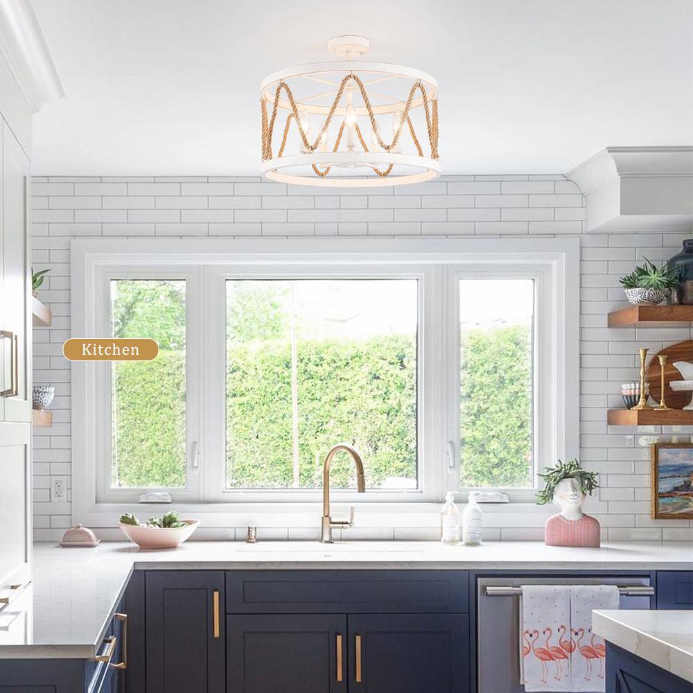 19.68 in. 5-Light White Drum Metal Hemp Rope Semi-Flush Mount Light，No Bulbs Included - Hercitys