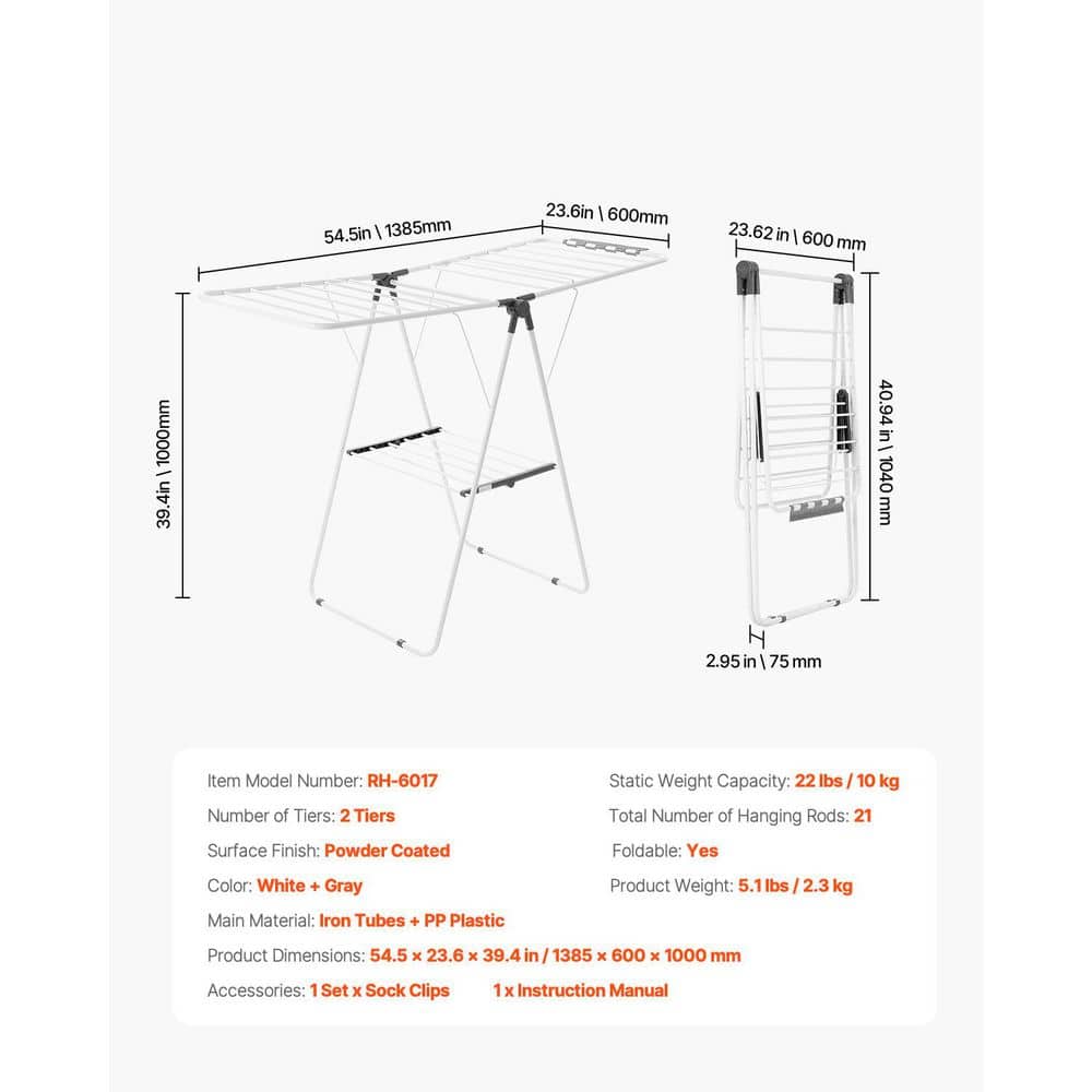 2-Tier Foldable Laundry Dryer Rack with 21 Drying Rods, Sock Clips, Metal Height-Adjustable, White - Hercitys
