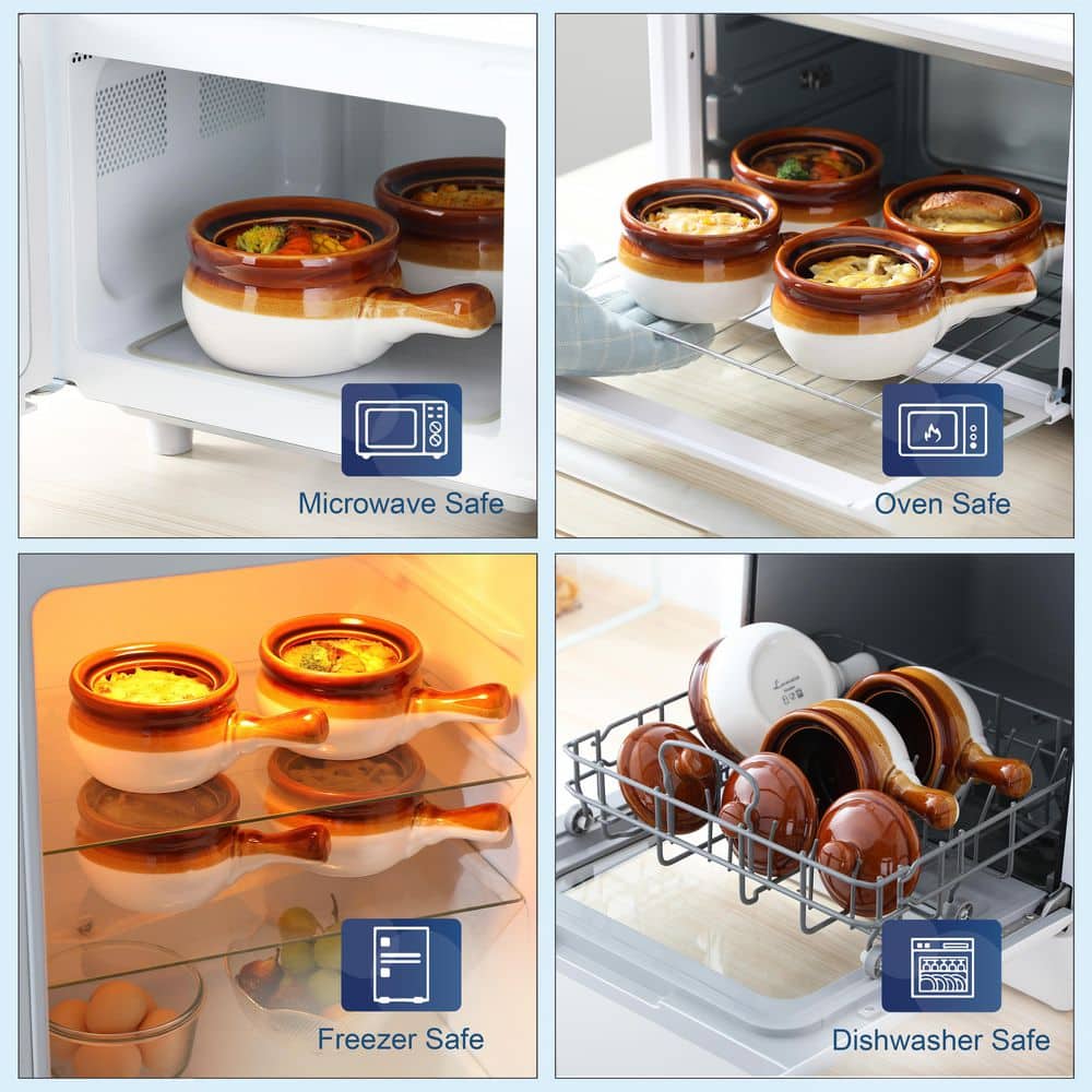 16 fl. oz. Brown and White Stoneware French Onion Soup Bowls Set of 4 Small Serving Bowls with Lid and Handle - Hercitys