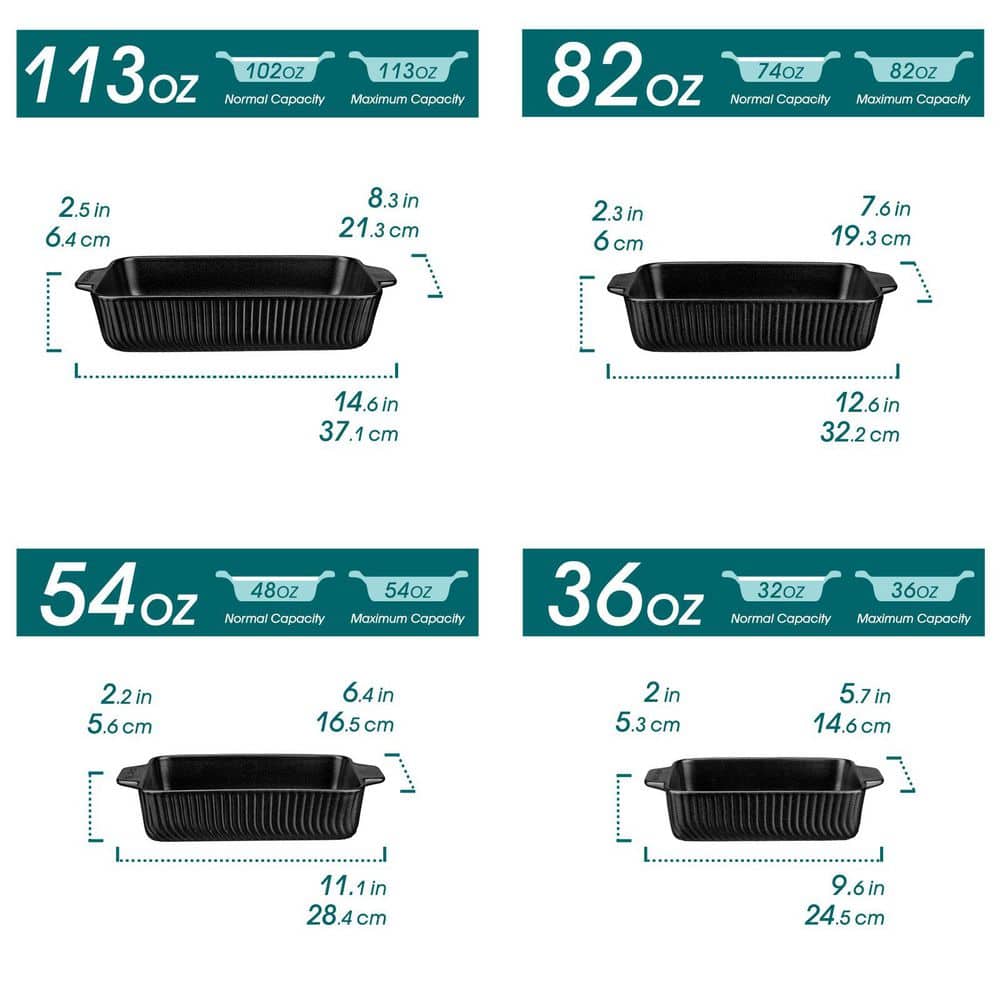 4-Piece Black Rectangular Stoneware Baking Dish Set with Handles Casserole and Lasagna Pan Bakeware - Hercitys