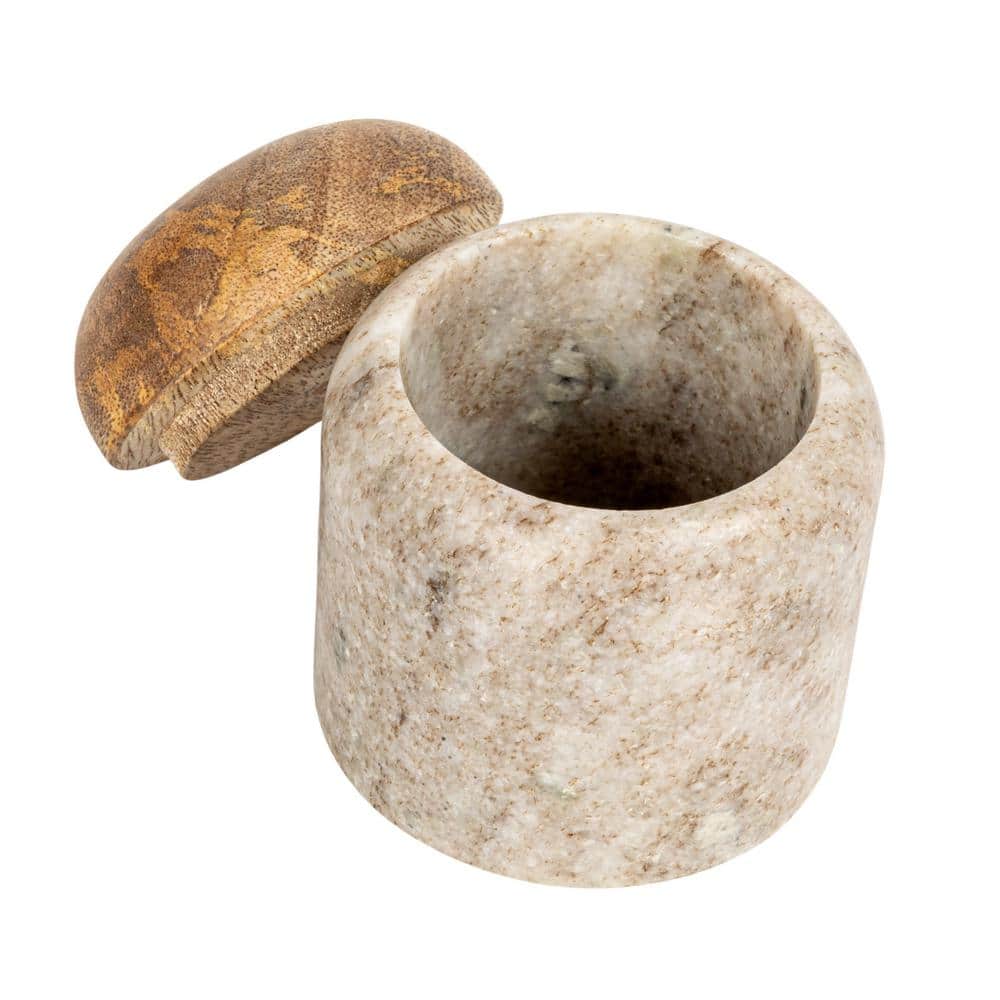 3 in. x 3.25 in. Beige Modern Marble Canister with Wood Lid - Hercitys