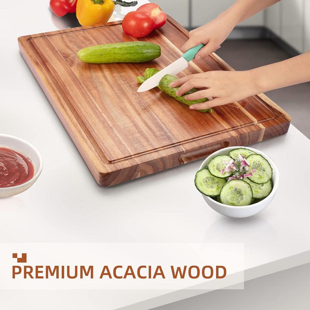24 x 18 in. Rectangular Extra Large Acacia Wood Cutting Board Juice Groove, Reversible Meat Veggies - Hercitys