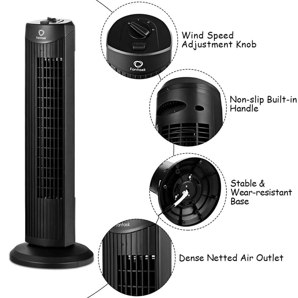35-Watt Black 28 in. Oscillating Tower Fan with 3-Wind Speeds Quiet Bladeless - Hercitys
