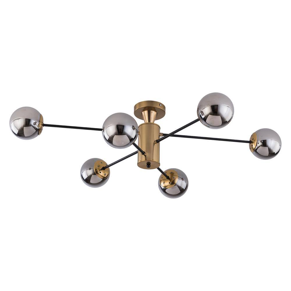 38.1 in. 6-Light Gold Modern Sputnik Semi-Flush Mount Ceiling Light with Smoky Grey Glass Shade, No Bulbs Included - Hercitys