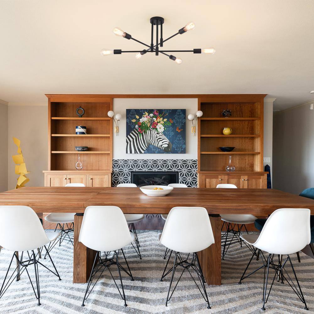 27.56 in. 6-Light Black Sputnik Semi- Flush Mount Ceiling Lights with 360°Rotatable Light Arm - Hercitys