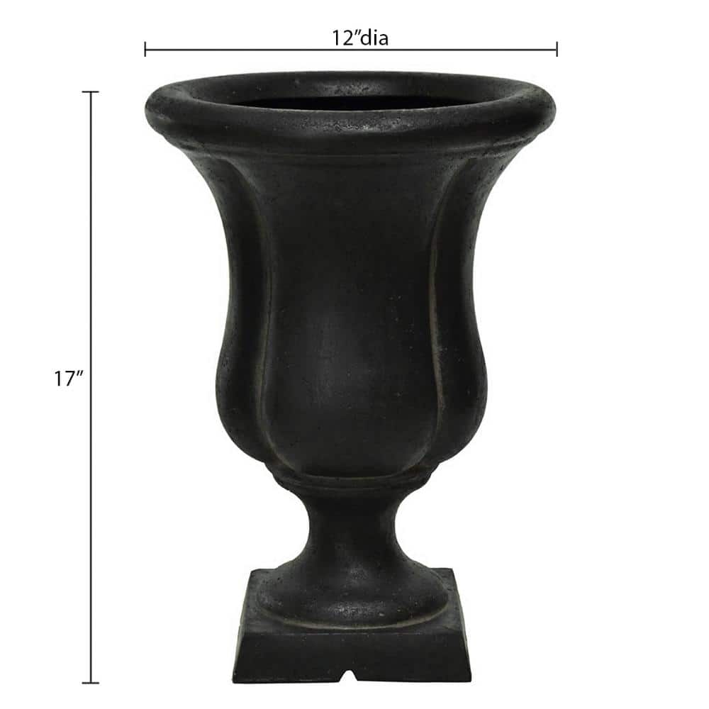 12 in. x 17 in. Cast Stone Fiberglass Sol Urn on Square Base in Aged Charcoal - Hercitys