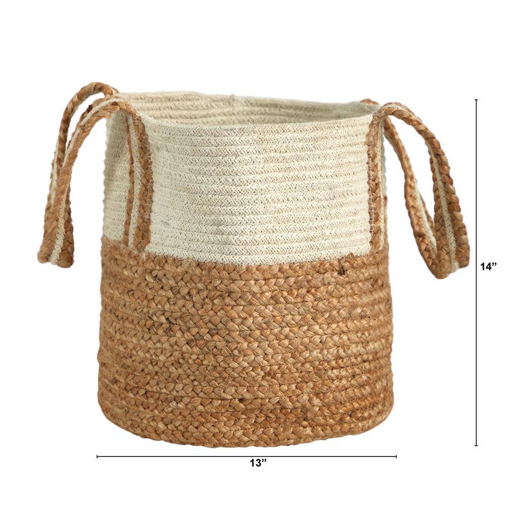 14 in. Beige Jute and Natural Cotton Boho Chic Basket Planter with Handles - Hercitys