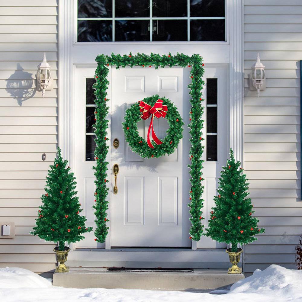 4PCS Pre-Lit Artificial Christmas Tree Decoration Set Holiday Decor w/LED Lights - Hercitys