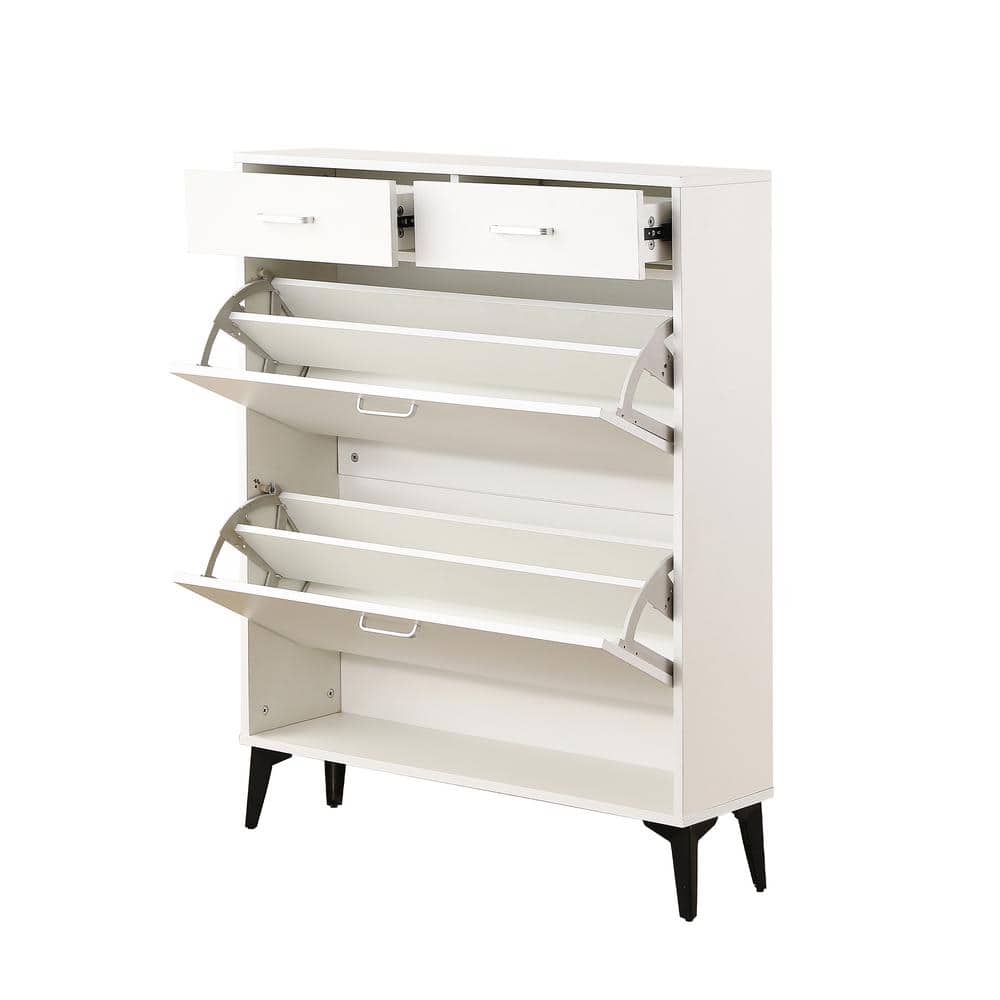 31.49 in. x 9.44 in. x 42.12 in. Freestanding Flip-Flop Shoe Cabinet in White MDF with 2 Flip-Flop-Drawers and 2-Drawers - Hercitys