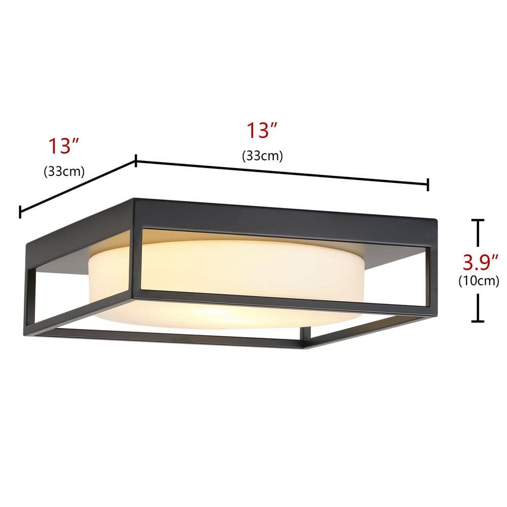 13 in. 2-Light Industrial Black Flush Mount Farmhouse Close to Ceiling Light Fixture with White Glass Shade - Hercitys