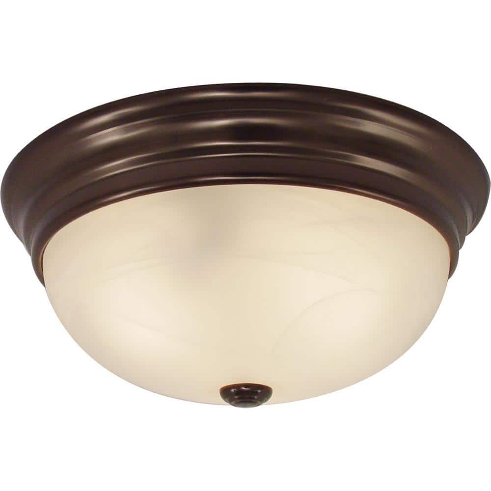 11 in. W x 4.50 in. H 2-Light Indoor Antique Bronze Flush Mount Ceiling Fixture with White Alabaster Glass Bowl - Hercitys