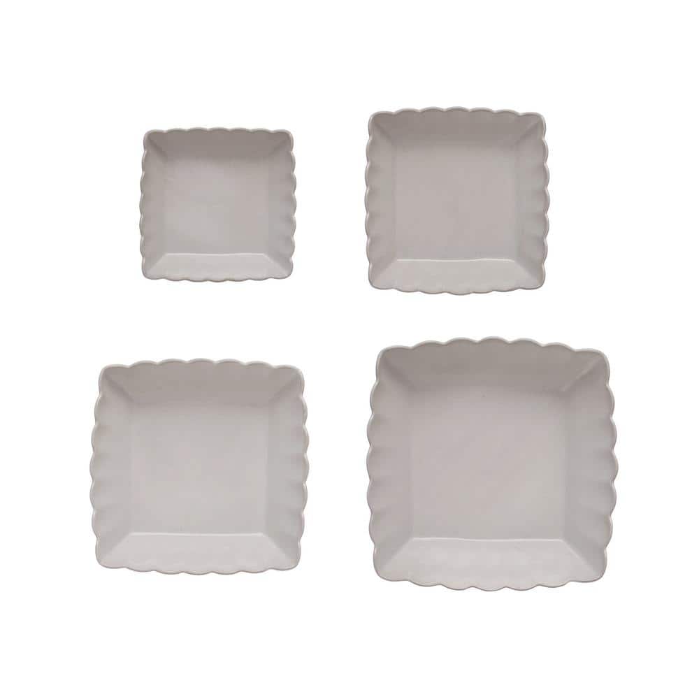 10.37 in. 65 fl.oz Matte White Square Stoneware Serving Bowls with Scalloped Edge (Set of 4) - Hercitys