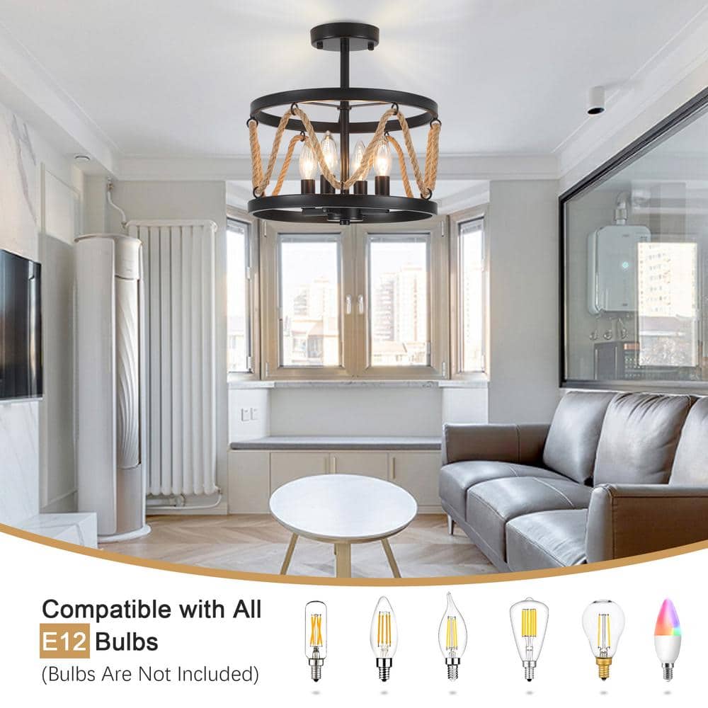 12.6 in. 4-Light Black Drum Metal Hemp Rope Candlestick Semi- Flush Mount Light with No Bulbs Included - Hercitys