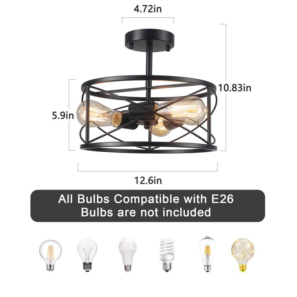 12.6 in. 3-Light Black Semi Flush Mount Ceiling Light Fixture with Metal Cage and No Bulbs Included - Hercitys