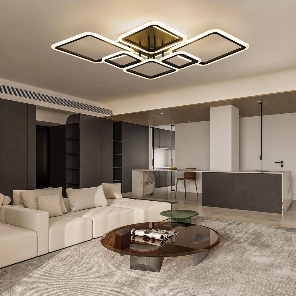 40.2 in. 7-Light Black and White Modern Geometric Selectable LED Semi-Flush Mount Ceiling Light with Remote - Hercitys