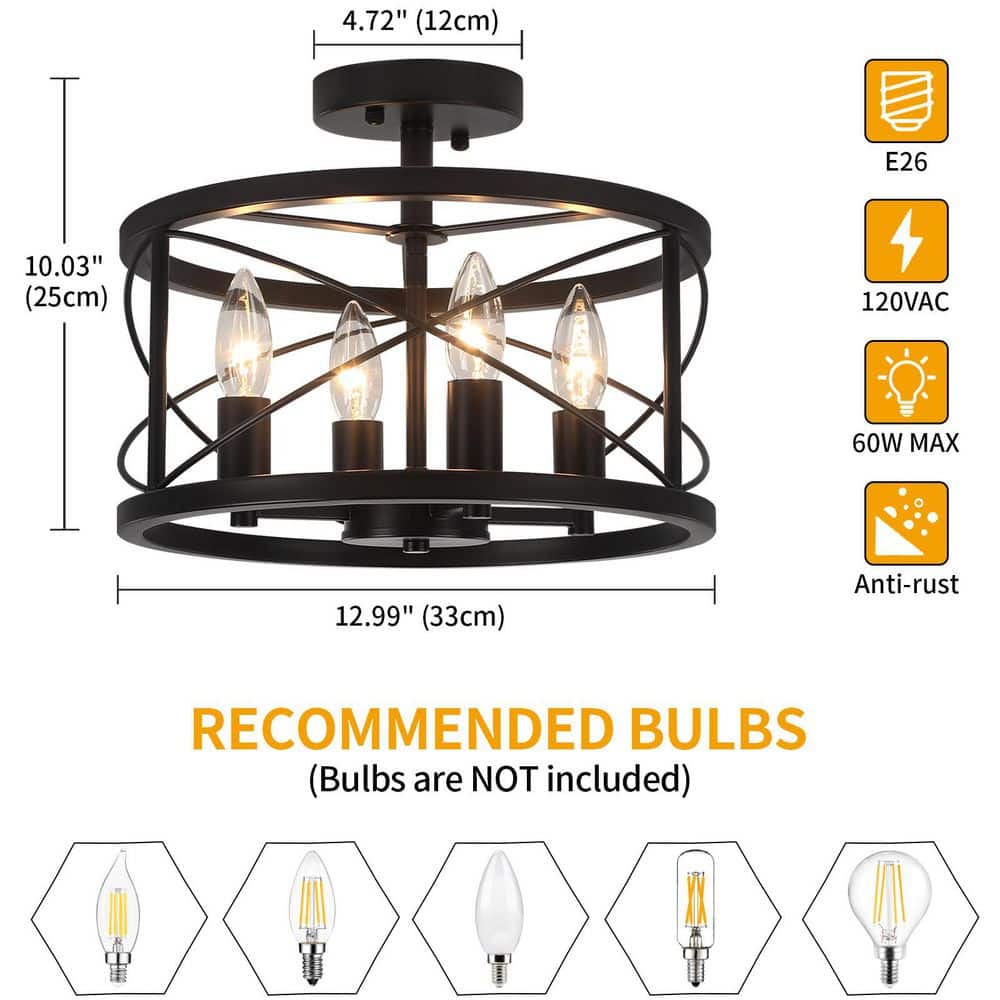 13 in. 4-Light Black Drum Semi Flush Mount Ceiling Light with No Bulbs Included - Hercitys