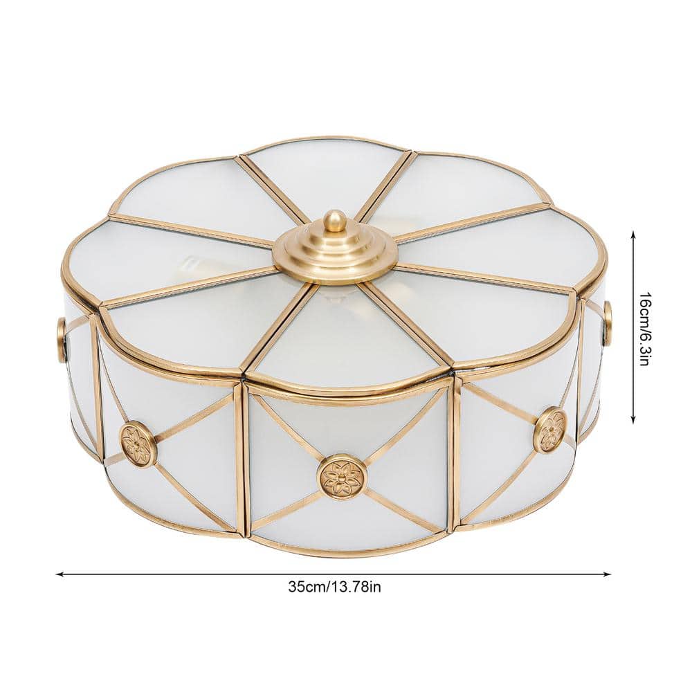 13.78 in. 3-Light Gold Modern Flower Shaped Flush Mount Ceiling Light with White Glass Shade and No Bulbs Included - Hercitys