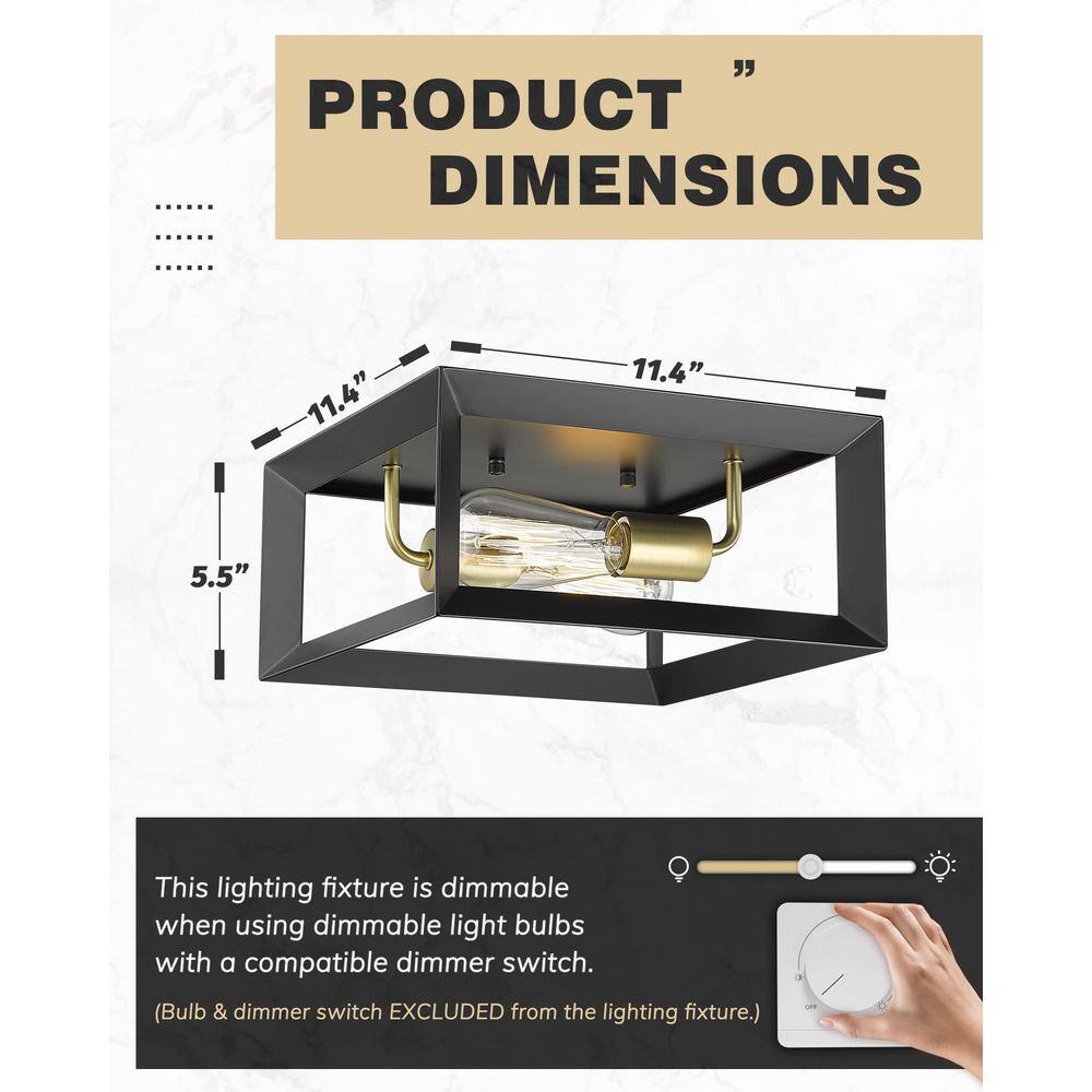 11.4 in. 2-Light Matte Black and Brushed Brass Flush Mount with Metal Shade and No Bulbs Included Close to Ceiling Light - Hercitys