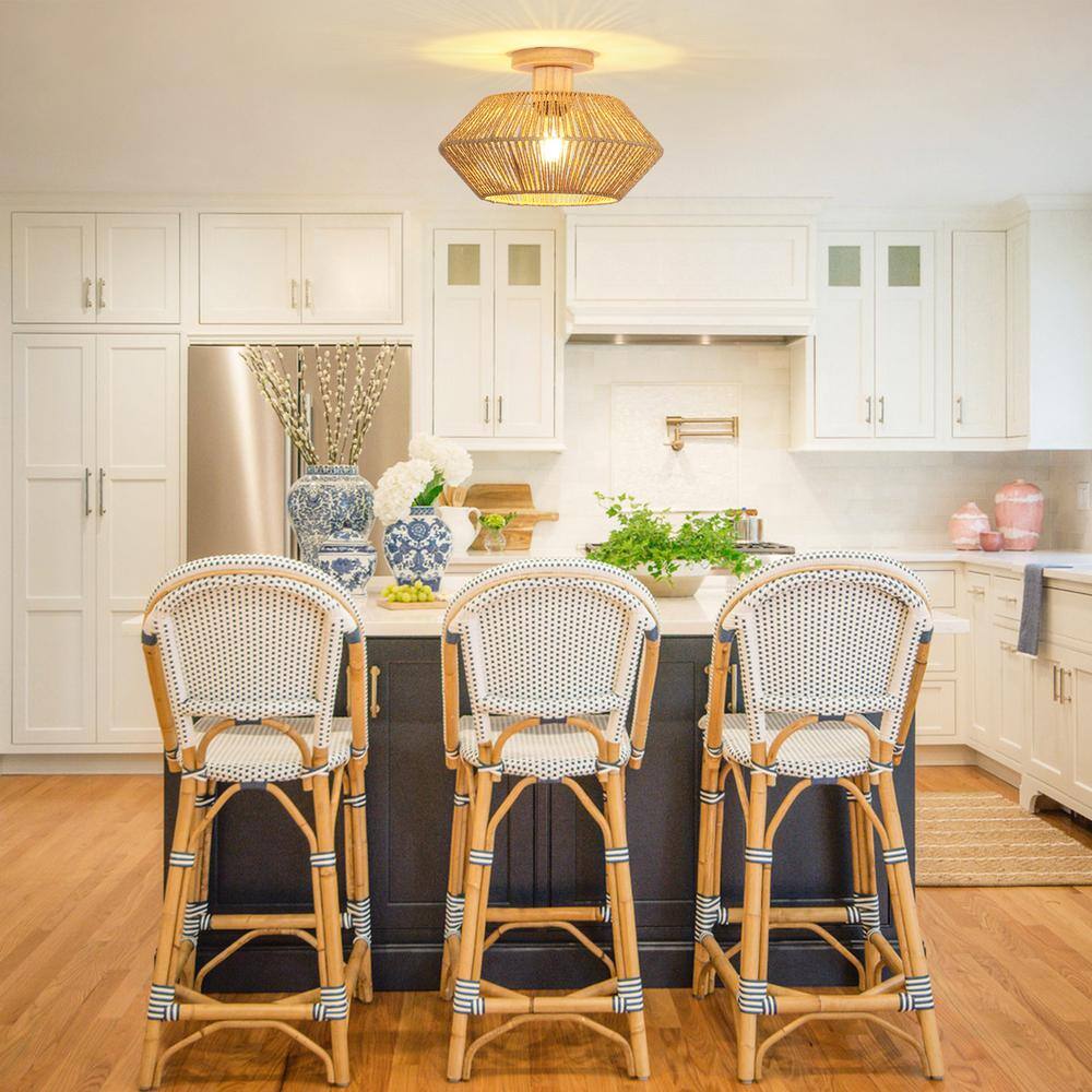 12.6 in. 1-Light Rustic Brown Wooden Semi-Flush Mount Light with Imitation Hemp Rope Shade and No Bulbs Included - Hercitys