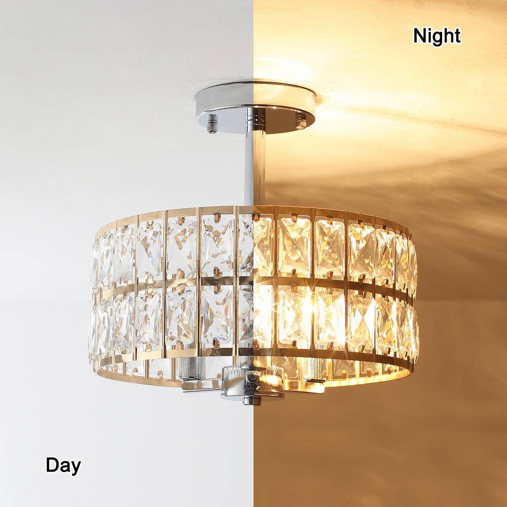 12.59 in. 3-Light Chrome and French Gold Modern Drum Semi-Flush Mount Light With Clear Crystal Glass Shade - Hercitys