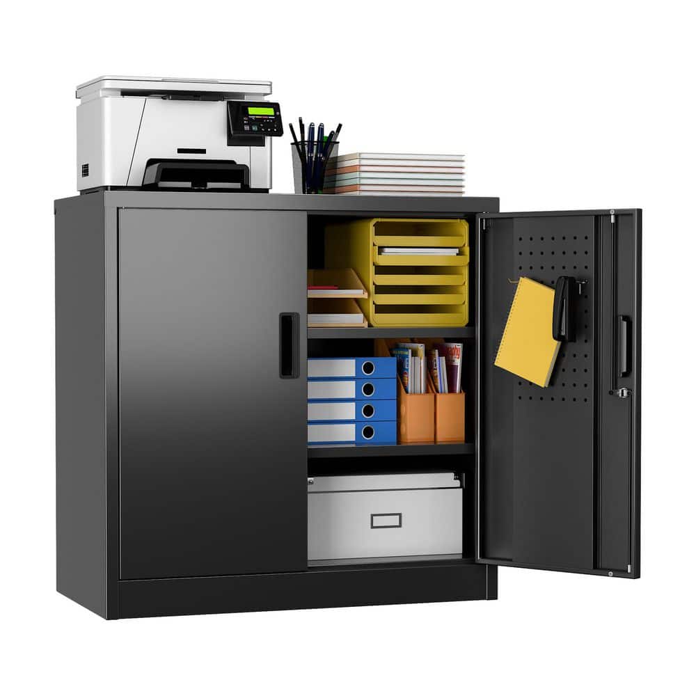 31.5 in.H×31.5 in.W×16.5 in.D Lockable Rolling Metal Storage Freestanding Cabinet w/ Pegboard for Garage,Office in Black - Hercitys